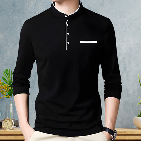 Men Black Henley Full Sleeve T-Shirt